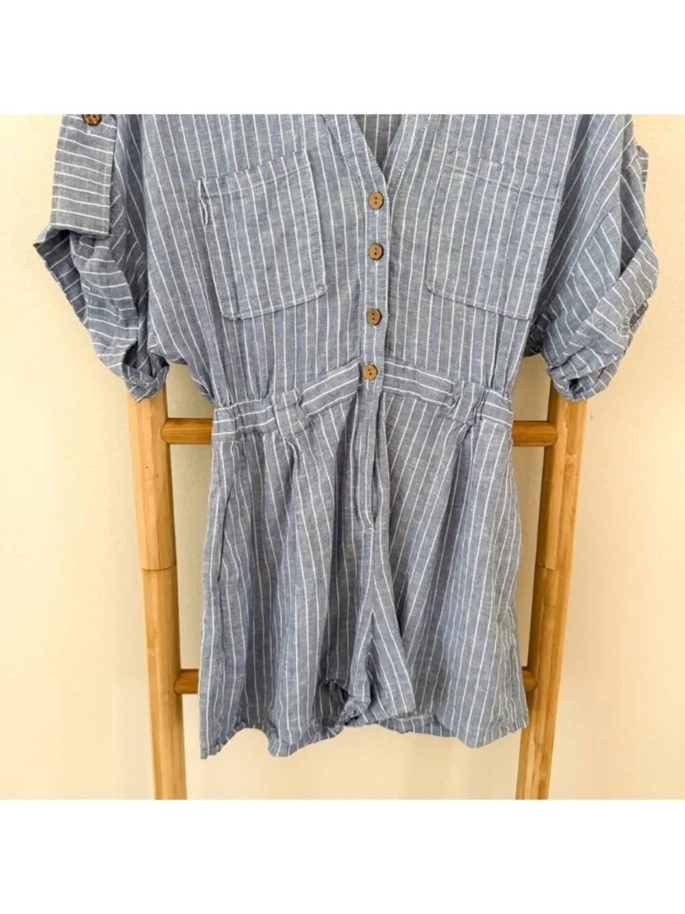 Zara Striped Linen Blend Short Romper Blue White Roll Tab Size Medium